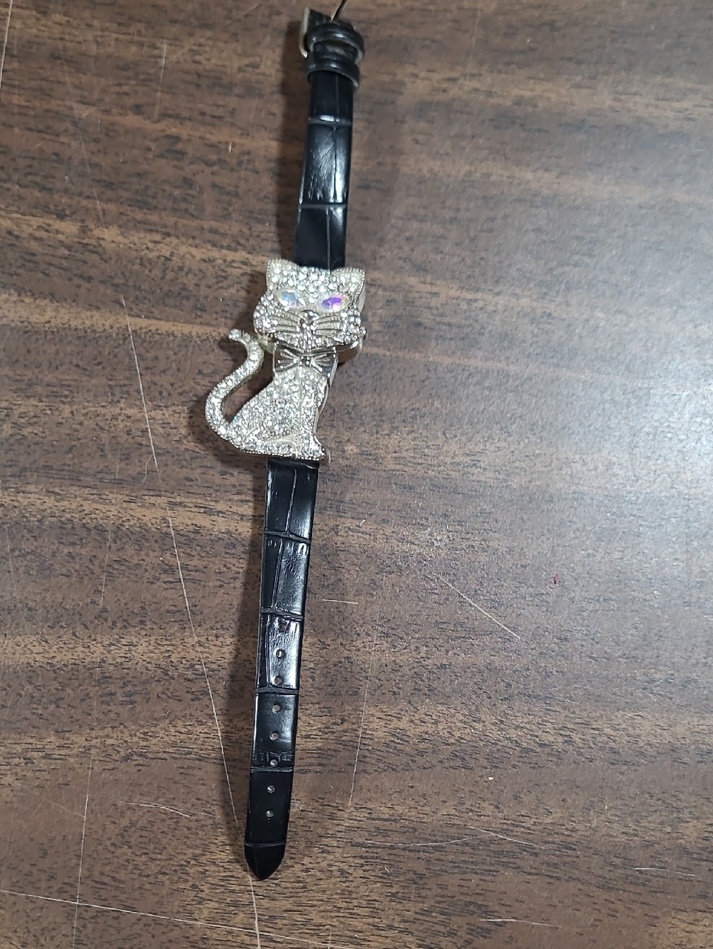 Crystal Cat Charm Black Strap Bracelet - Unbranded (Needs Battery)